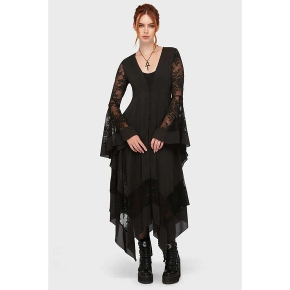 Killstar Misty Nights Maxi Dress Black Lace Bell Sleeve Handkerchief Hem XS